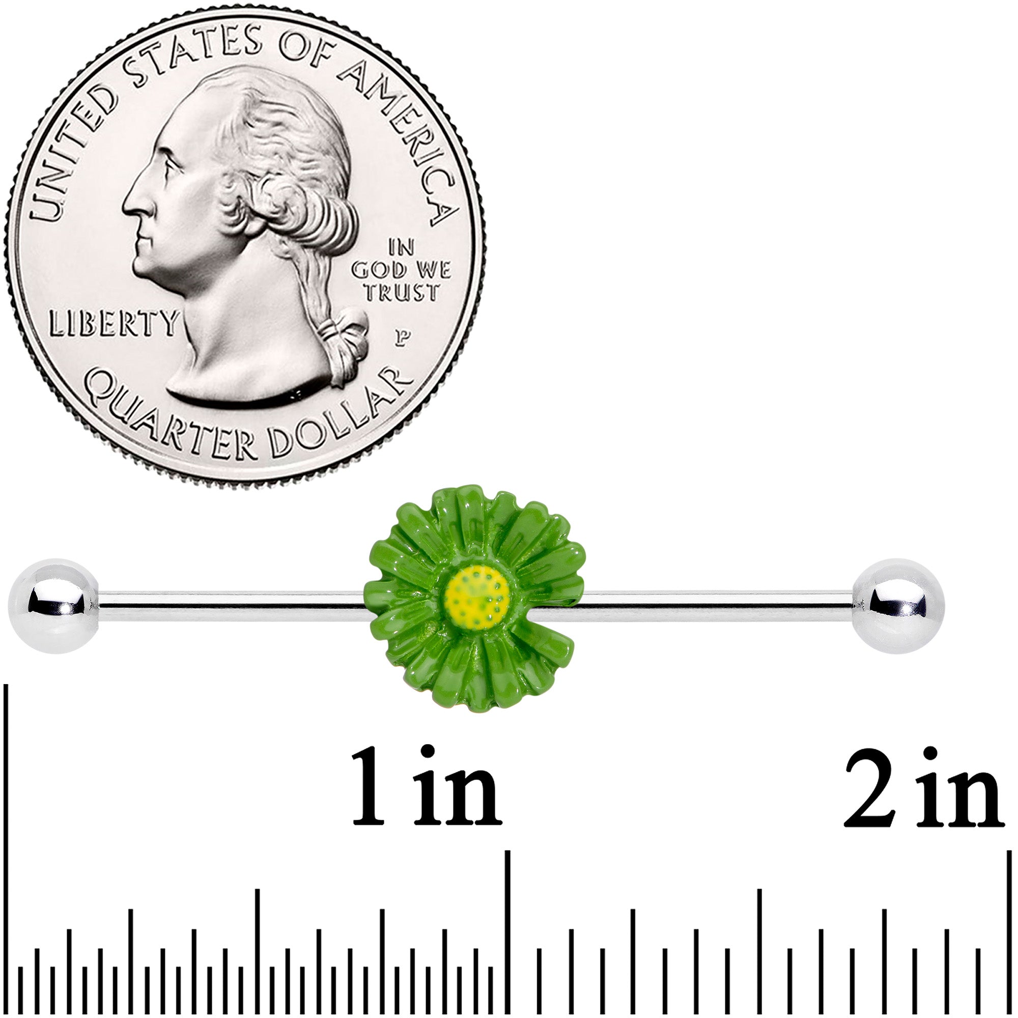 BodyCandy 14G Green Daisy Industrial Barbell 38mm — detail close-up