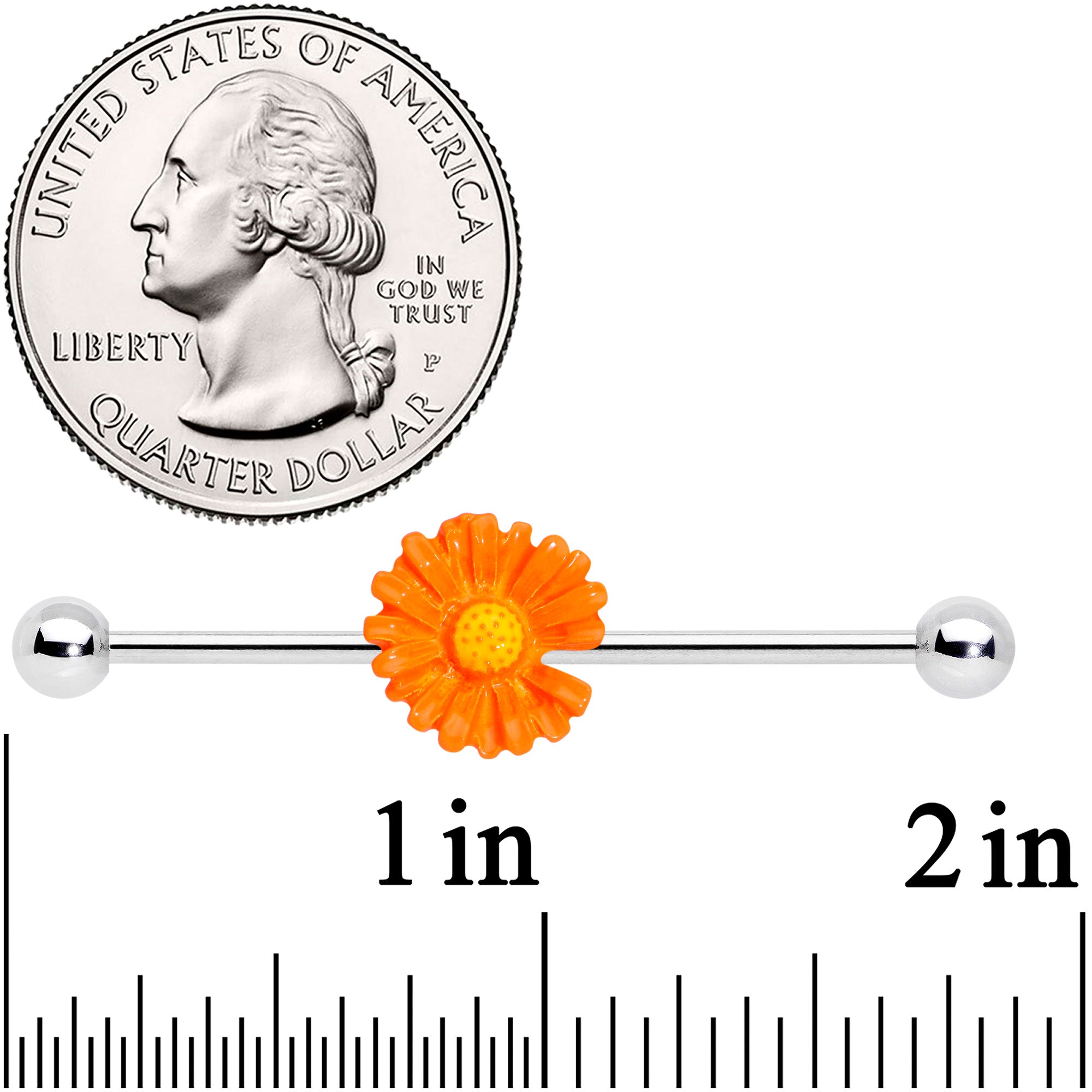 BodyCandy 14G Orange Daisy Industrial Barbell 38mm — detail close-up