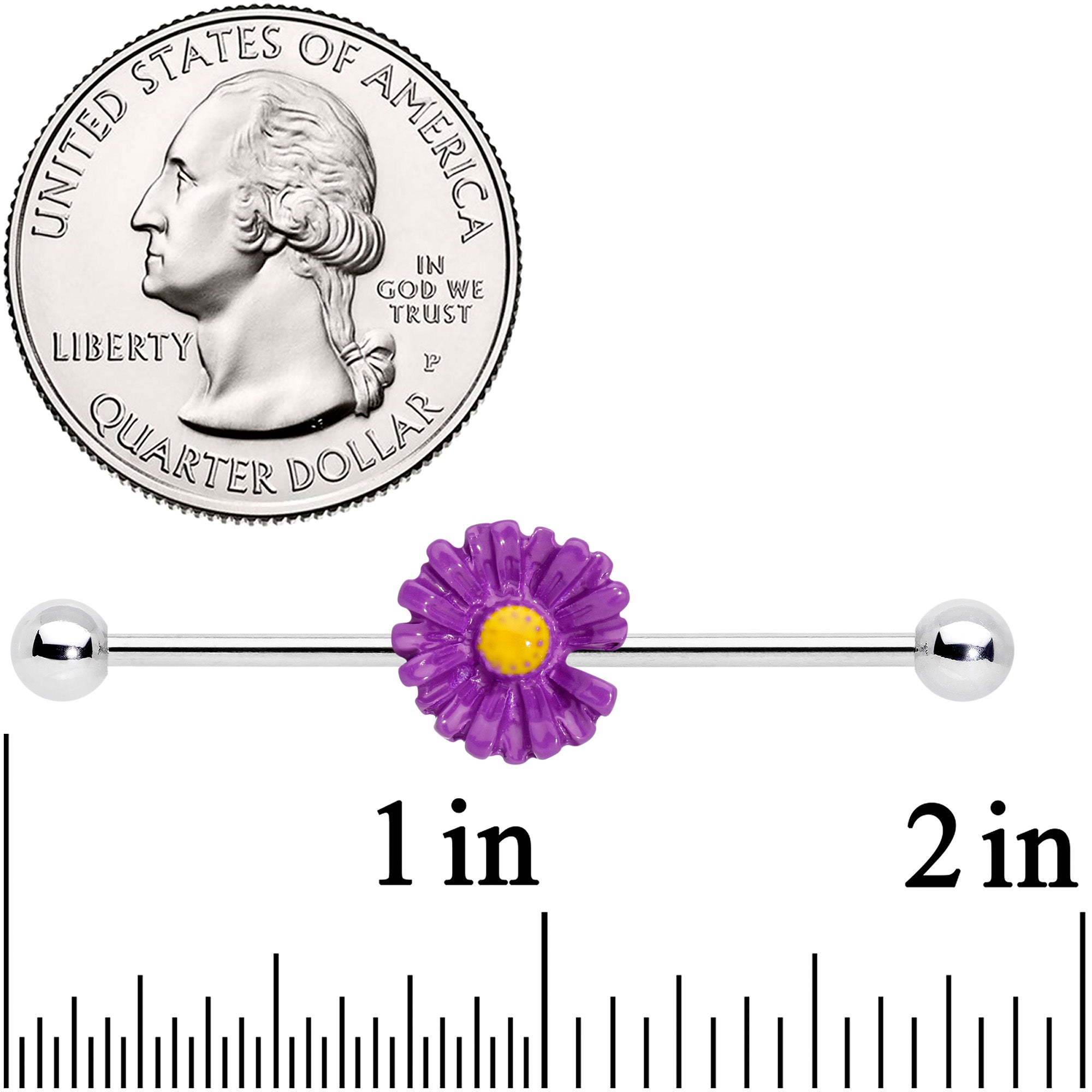 BodyCandy 14G Purple Daisy Industrial Barbell 38mm — detail close-up