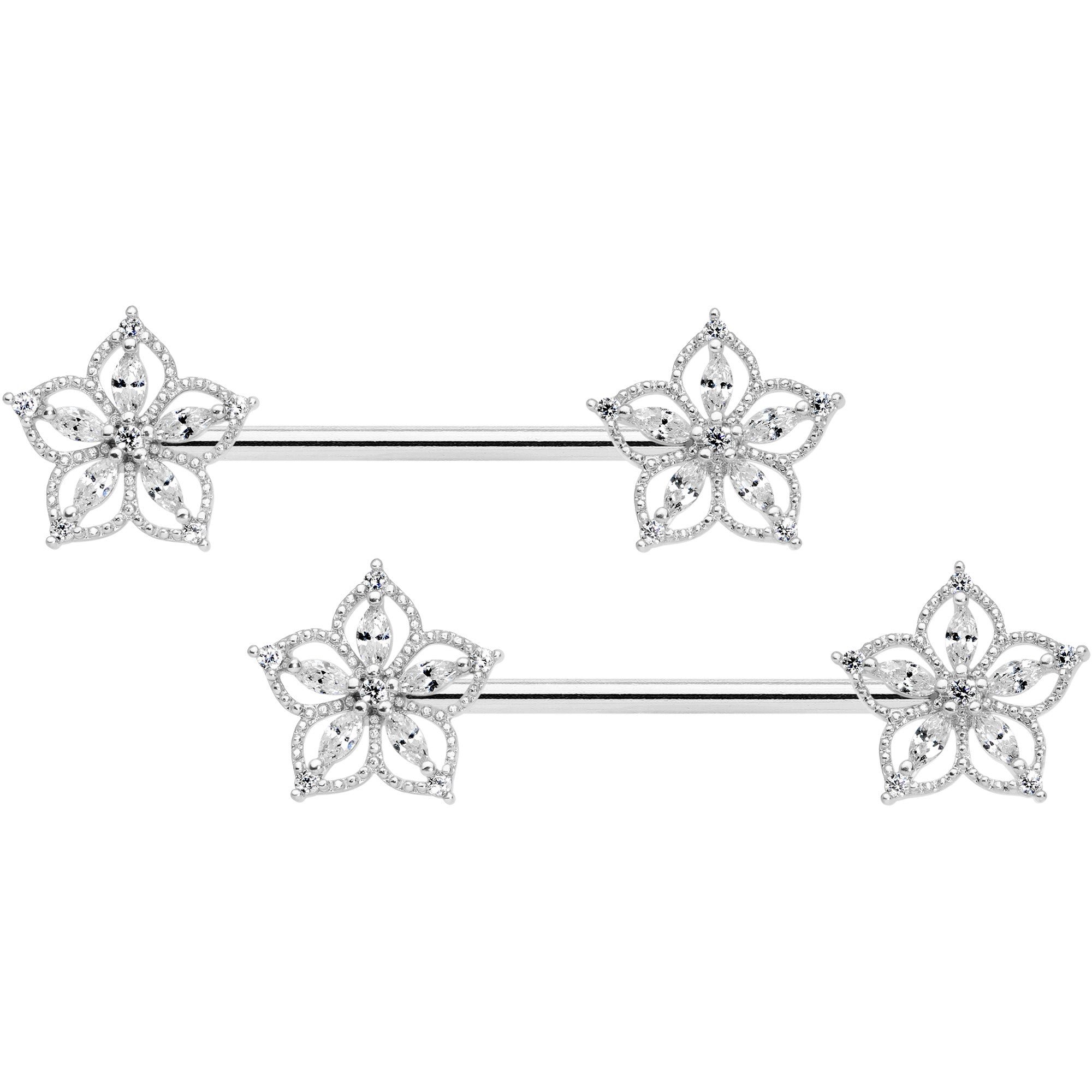 BodyCandy 14G 9/16 Clear CZ Gem Airy Flower Barbell Nipple Ring Set — main product shot