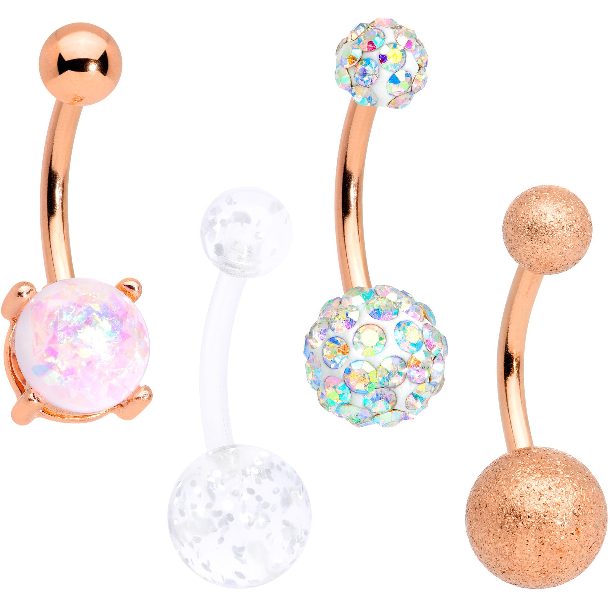 BodyCandy White Faux Opal Clear Gem Rose Gold Tone Aurora Belly Ring Set of 4 — main product shot