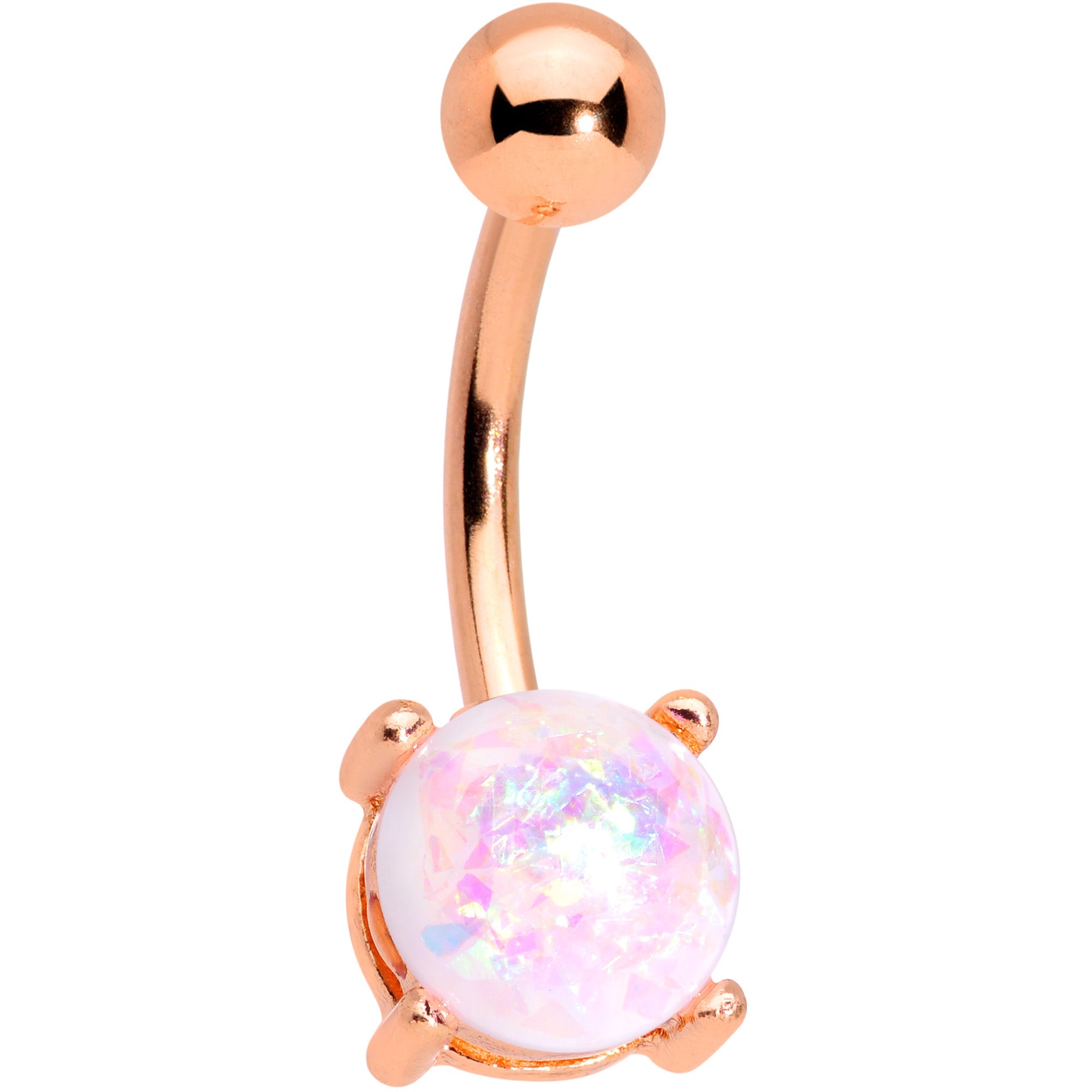 BodyCandy White Faux Opal Clear Gem Rose Gold Tone Aurora Belly Ring Set of 4 — detail close-up