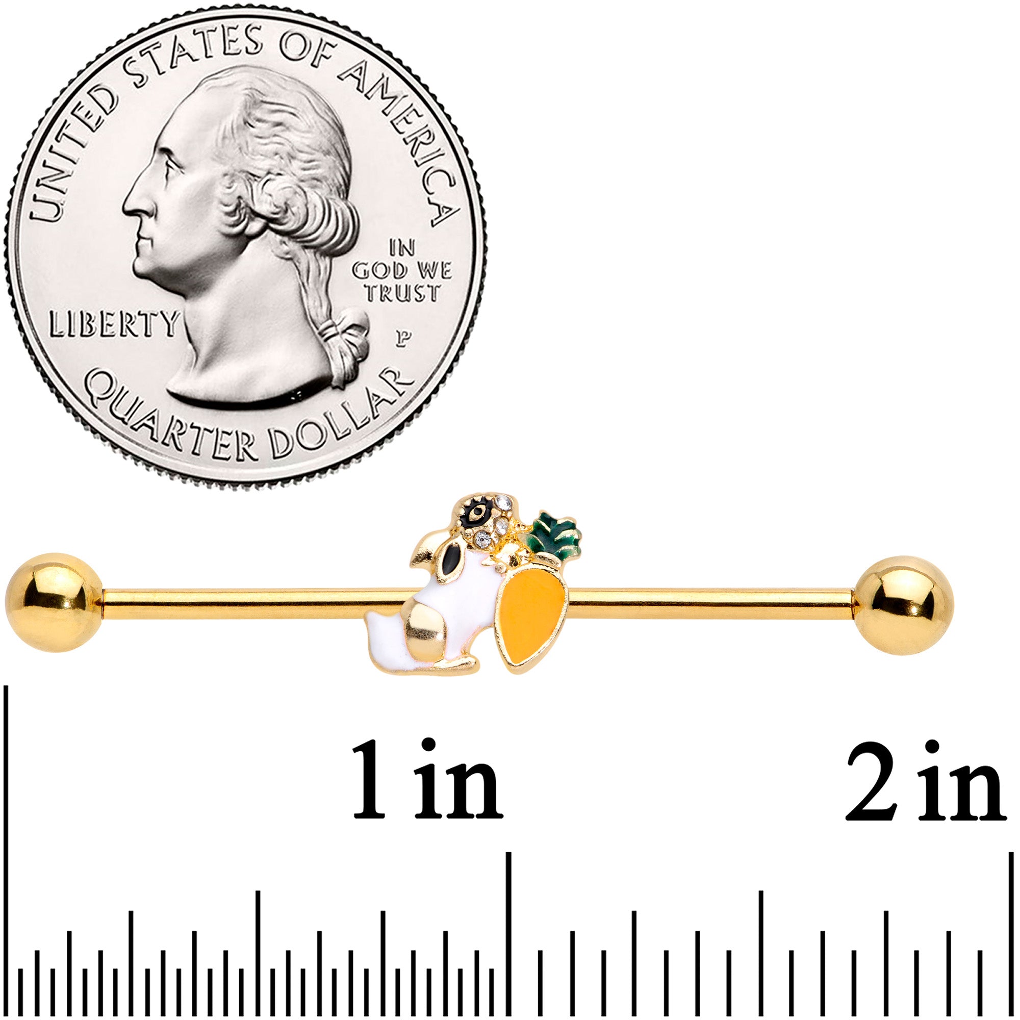 BodyCandy 14G Gold Tone Carrot Bunny Industrial Barbell 38mm — detail close-up