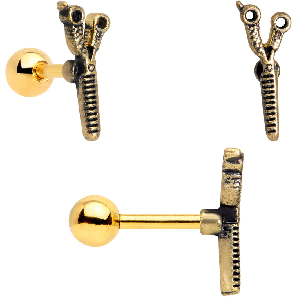 BodyCandy 16G 1/4 Black Gold Tone Scissors Hair Cartilage Tragus Set of 3 — detail close-up