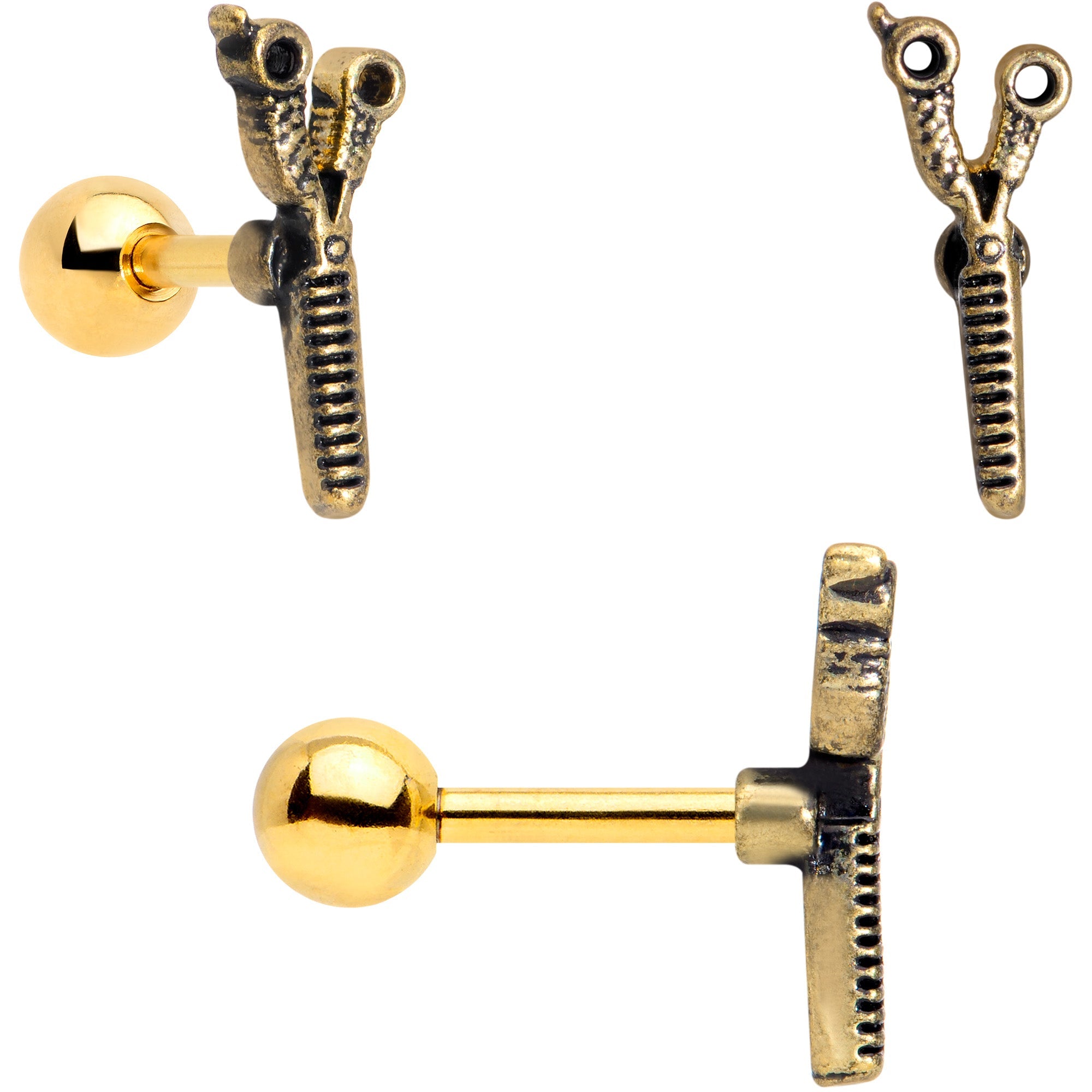 BodyCandy 16G 1/4 Black Gold Tone Scissors Hair Cartilage Tragus Set of 3 — detail close-up