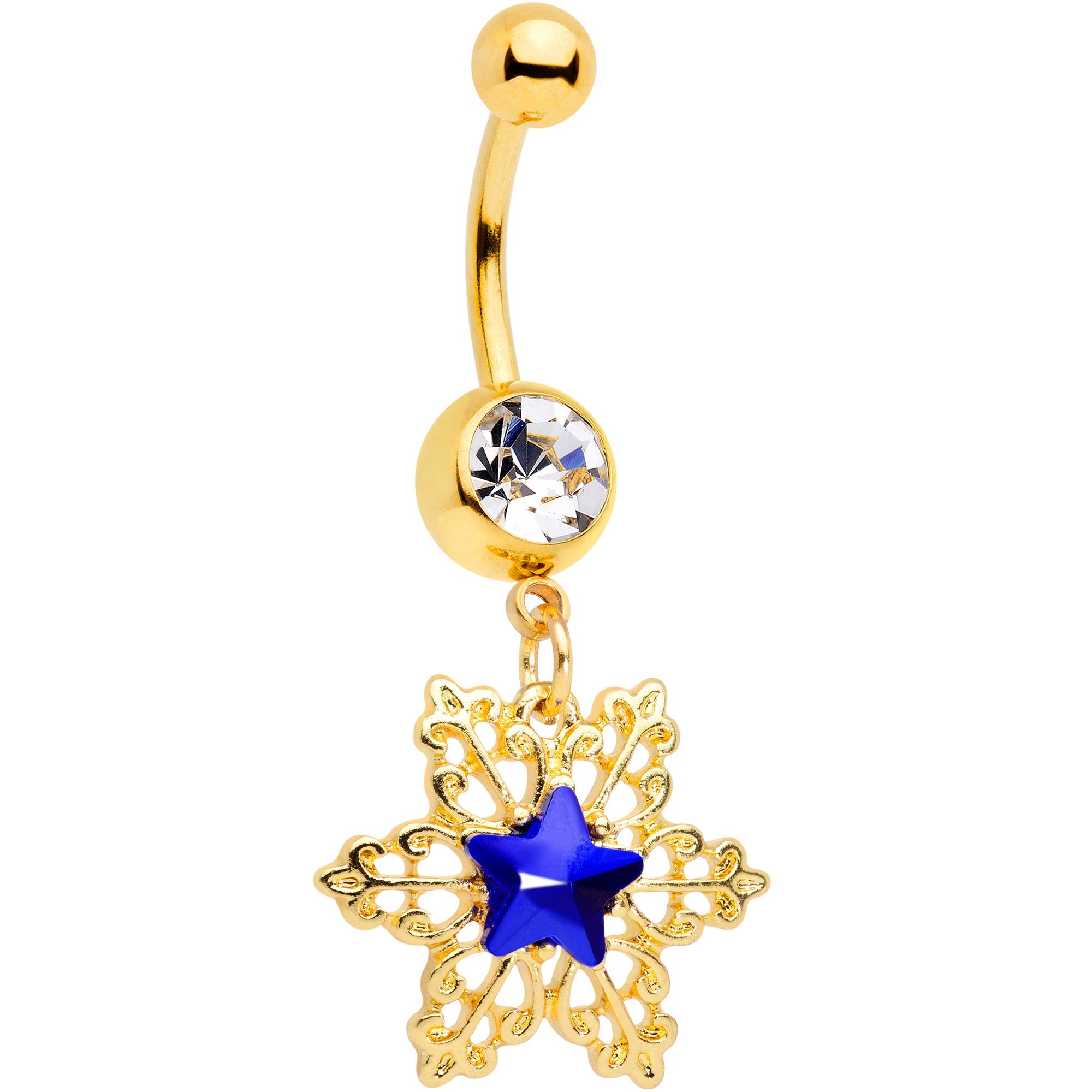 BodyCandy Clear Blue Gem Gold Tone Lacy Star Dangle Belly Ring — main product shot
