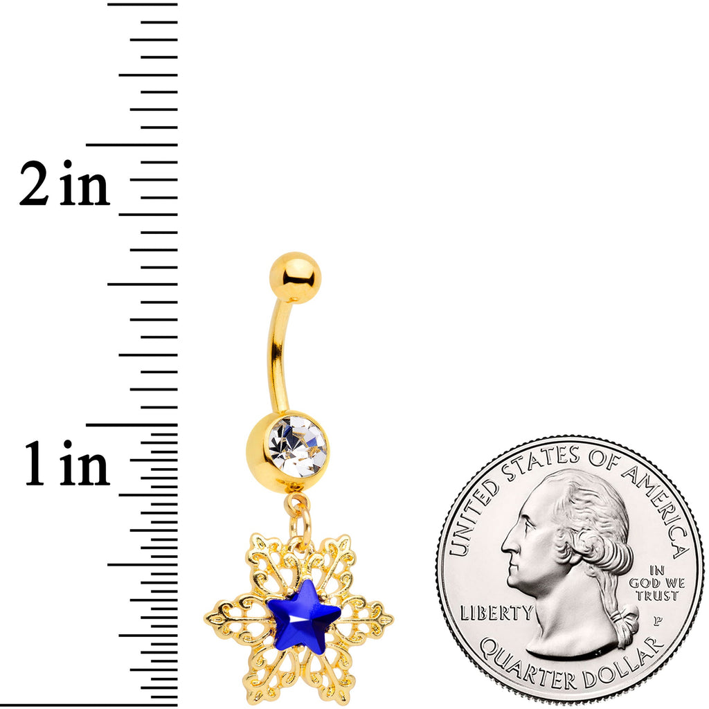 BodyCandy Clear Blue Gem Gold Tone Lacy Star Dangle Belly Ring — detail close-up