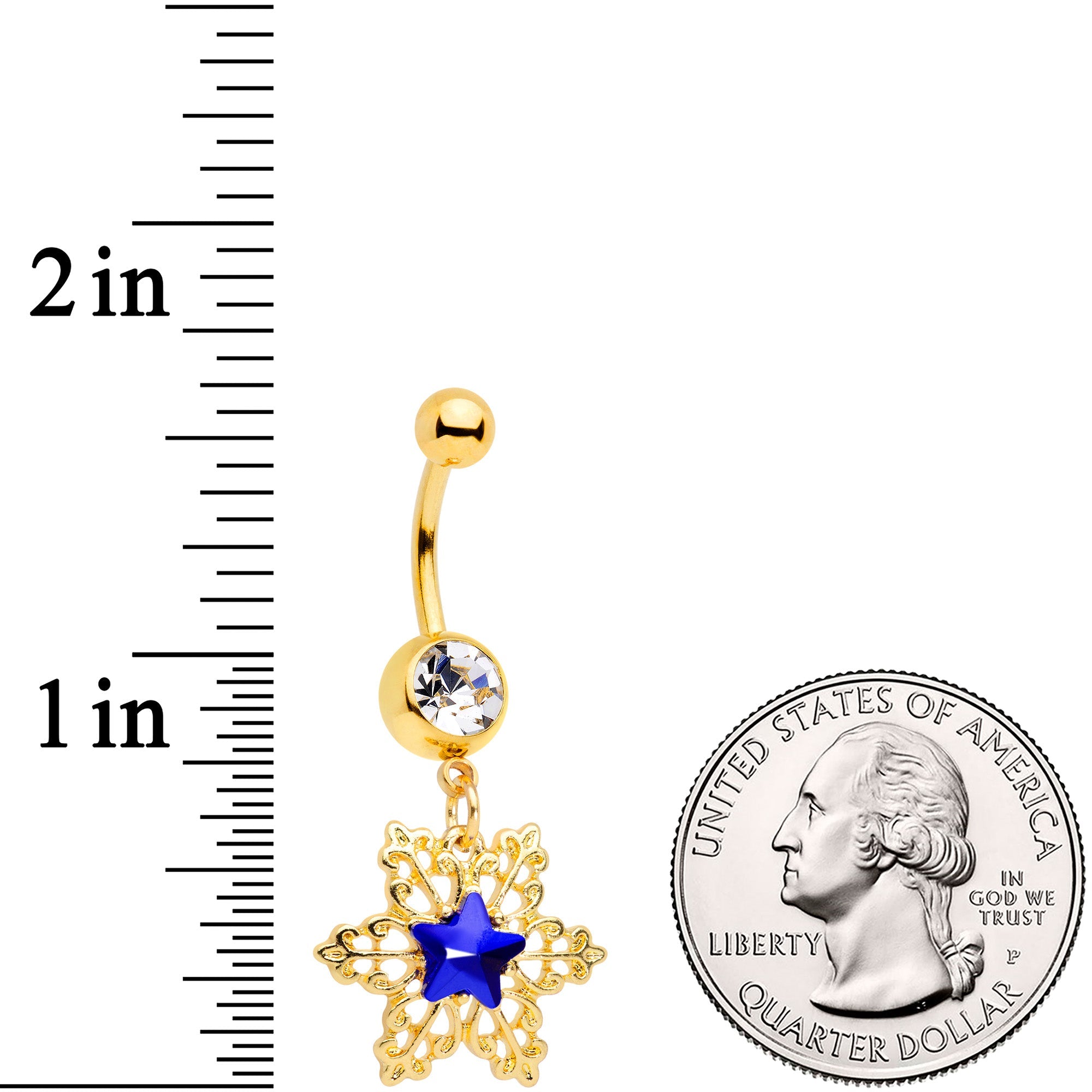 BodyCandy Clear Blue Gem Gold Tone Lacy Star Dangle Belly Ring — detail close-up