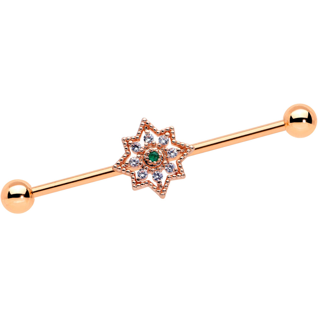 BodyCandy 14G Green Gem Rose Gold Tone Open Star Industrial Barbell 38mm — main product shot