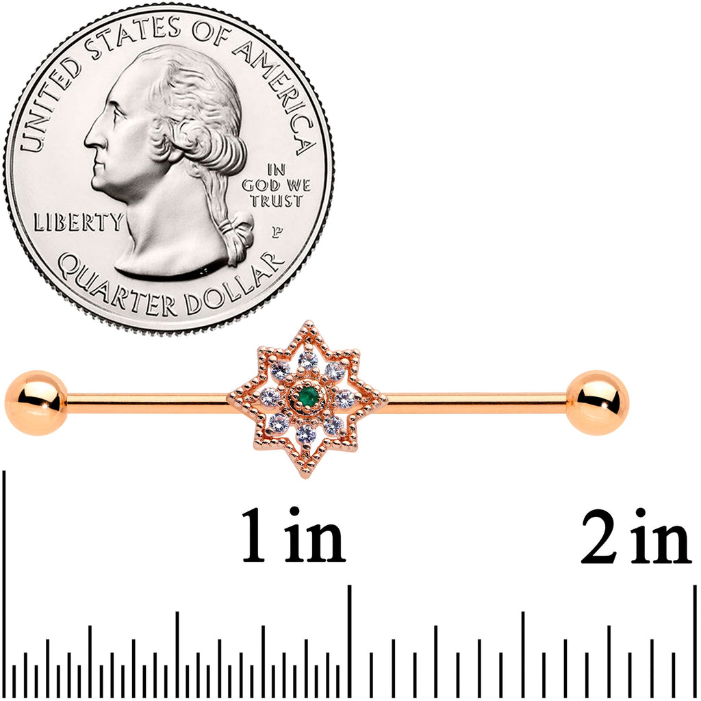BodyCandy 14G Green Gem Rose Gold Tone Open Star Industrial Barbell 38mm — detail close-up