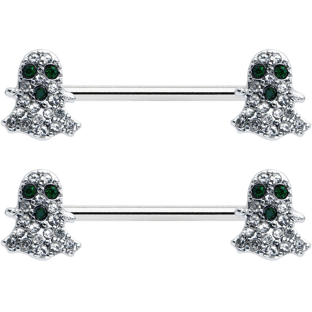 BodyCandy 14G 5/8 Clear Black Gem Scary Ghost Barbell Nipple Ring Set — detail close-up