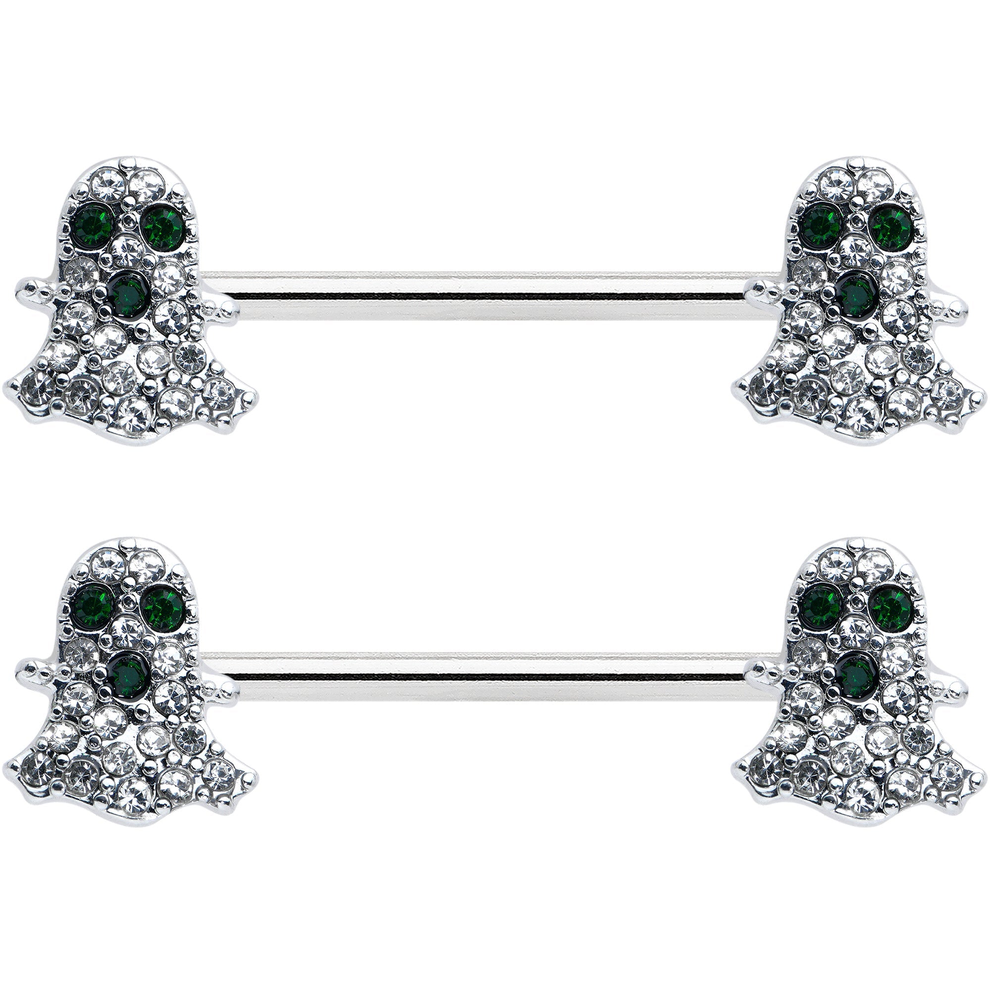 BodyCandy 14G 5/8 Clear Black Gem Scary Ghost Barbell Nipple Ring Set — detail close-up