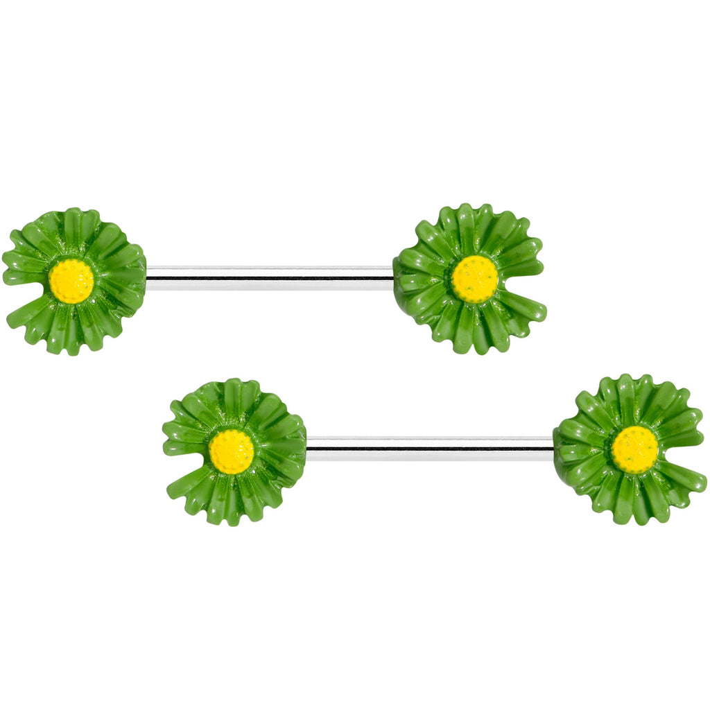 BodyCandy 14G 5/8 Green Flower Barbell Nipple Ring Set — main product shot