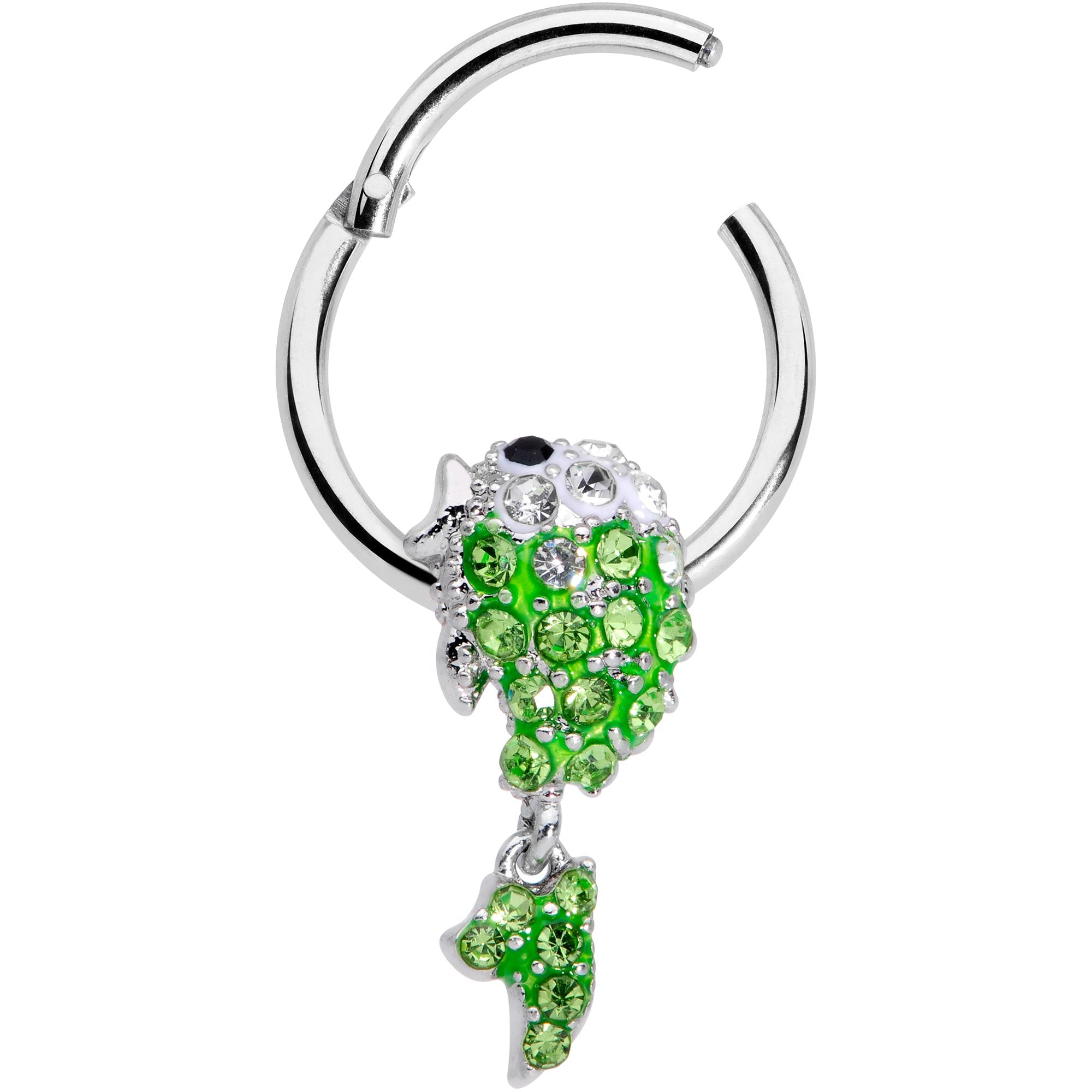 BodyCandy 16G 3/8 Green Gem Sweet Fish Dangle BCR Captive Bead Ring — detail close-up