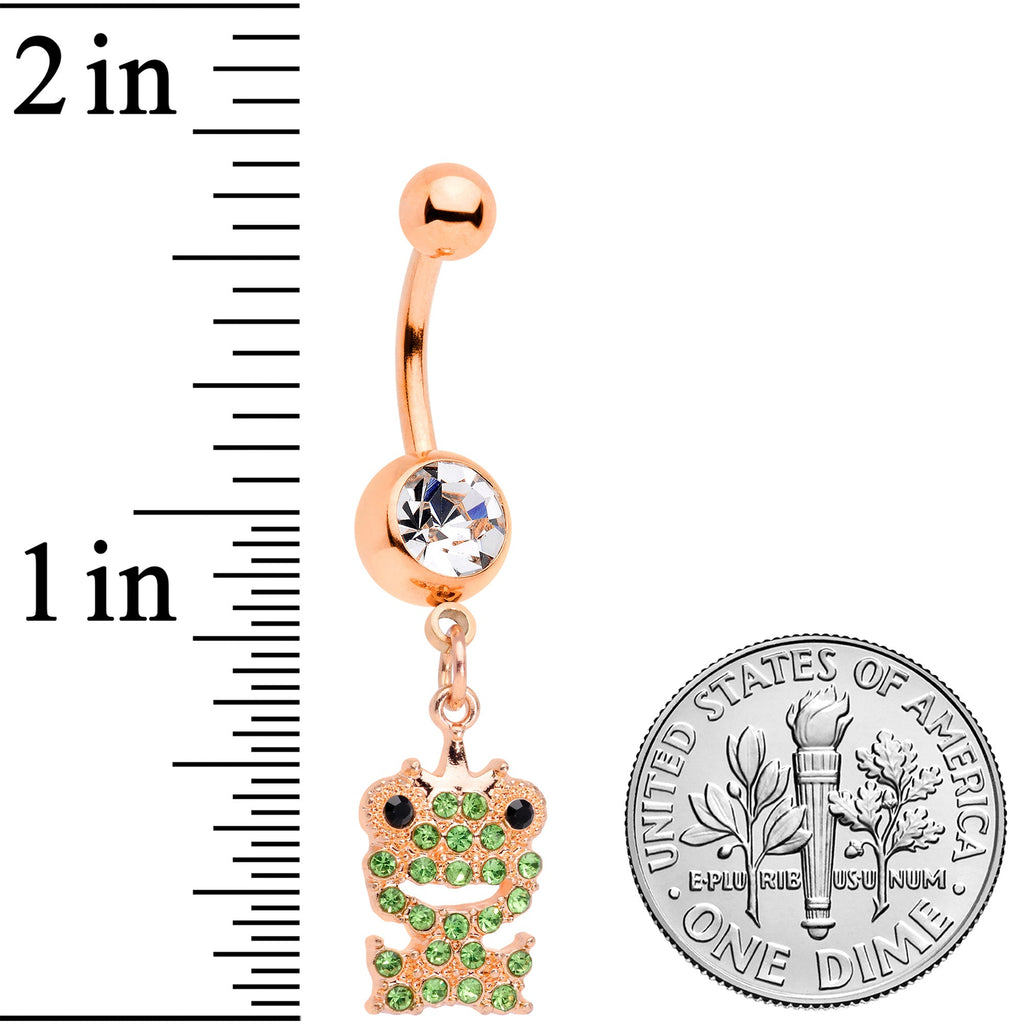 BodyCandy Clear Green Gem Rose Gold Tone Royal Frog Dangle Belly Ring — detail close-up