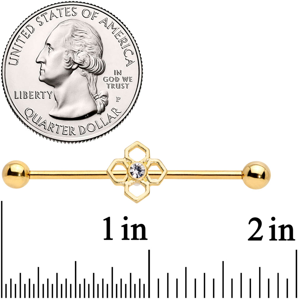 BodyCandy 14G Clear Gem Gold Tone Open Cross Industrial Barbell 38mm — detail close-up