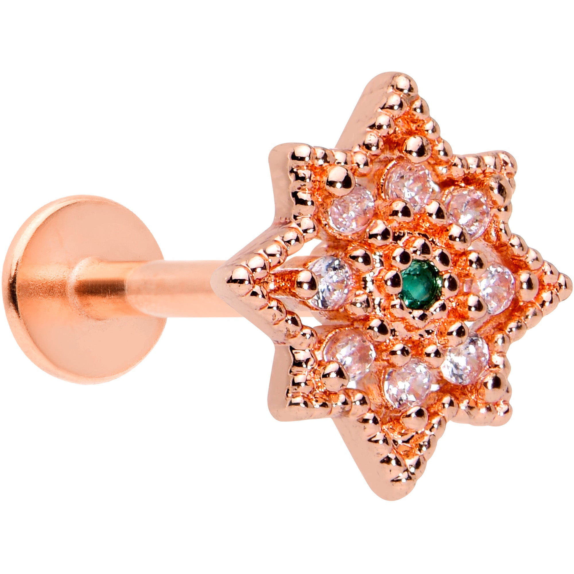 BodyCandy 16G 5/16 Green Gem Rose Gold Tone Evening Star Labret Tragus — main product shot