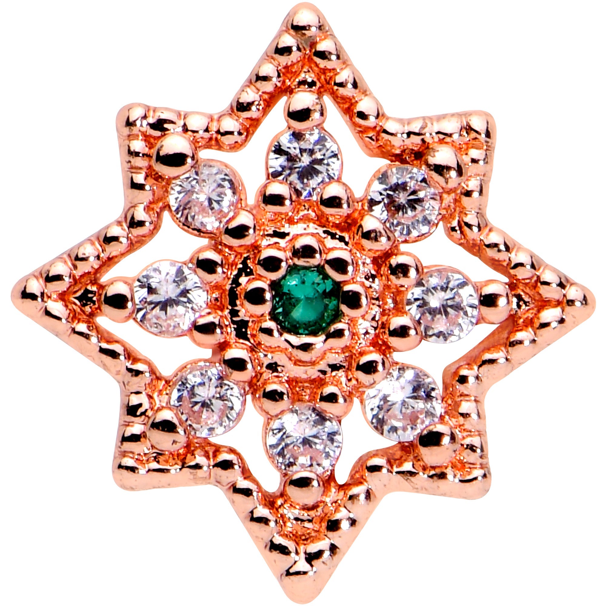 BodyCandy 16G 5/16 Green Gem Rose Gold Tone Evening Star Labret Tragus — detail close-up