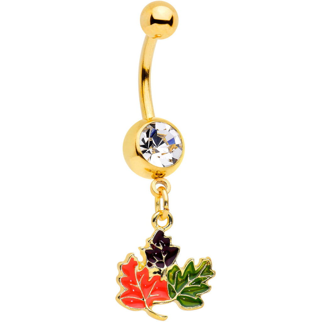 BodyCandy Clear Gem Gold Tone Lovely Autumn Leaf Trio Dangle Belly Ring — main product shot