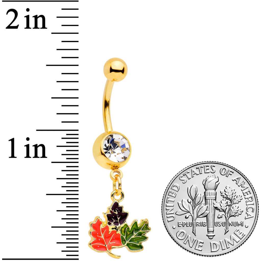 BodyCandy Clear Gem Gold Tone Lovely Autumn Leaf Trio Dangle Belly Ring — detail close-up
