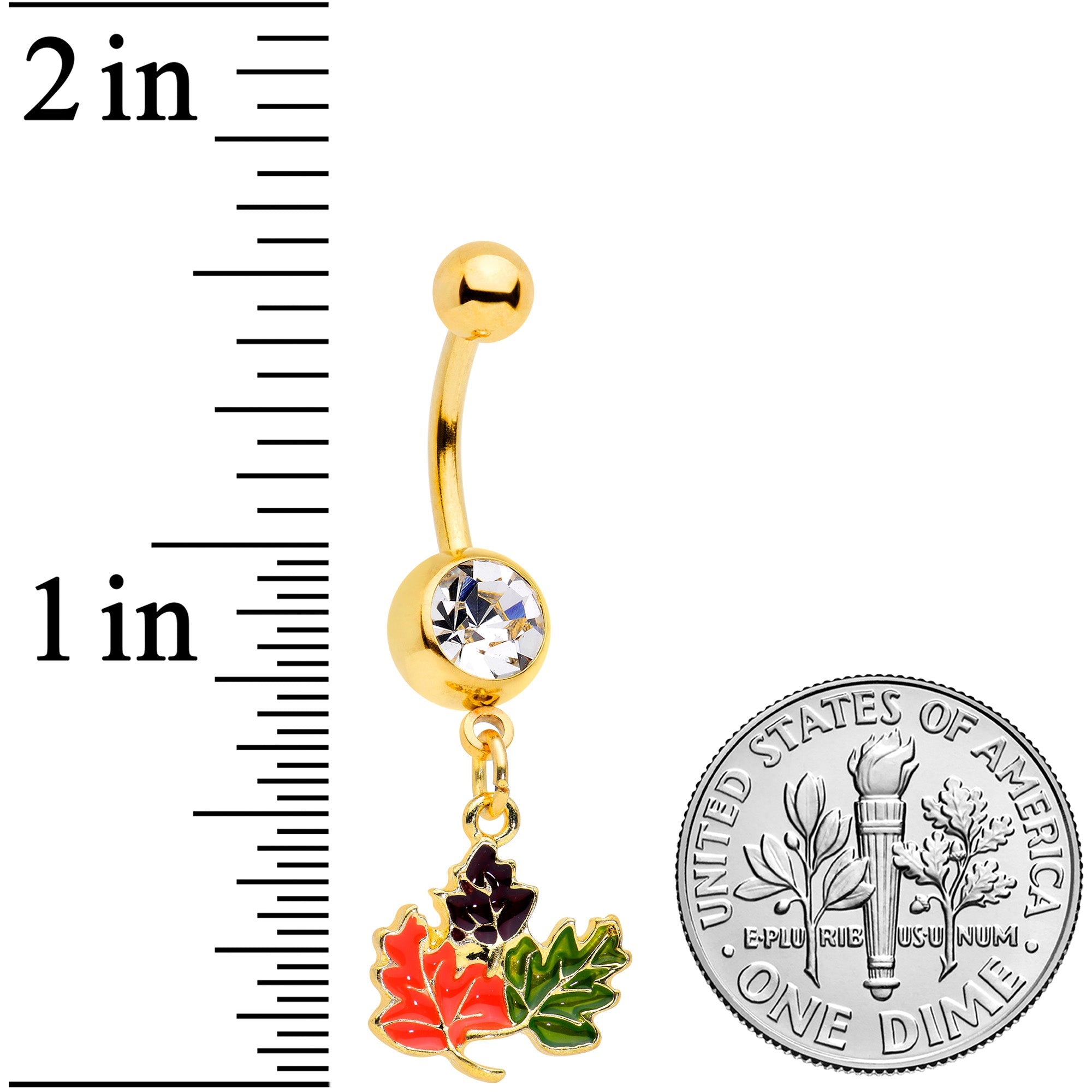 BodyCandy Clear Gem Gold Tone Lovely Autumn Leaf Trio Dangle Belly Ring — detail close-up