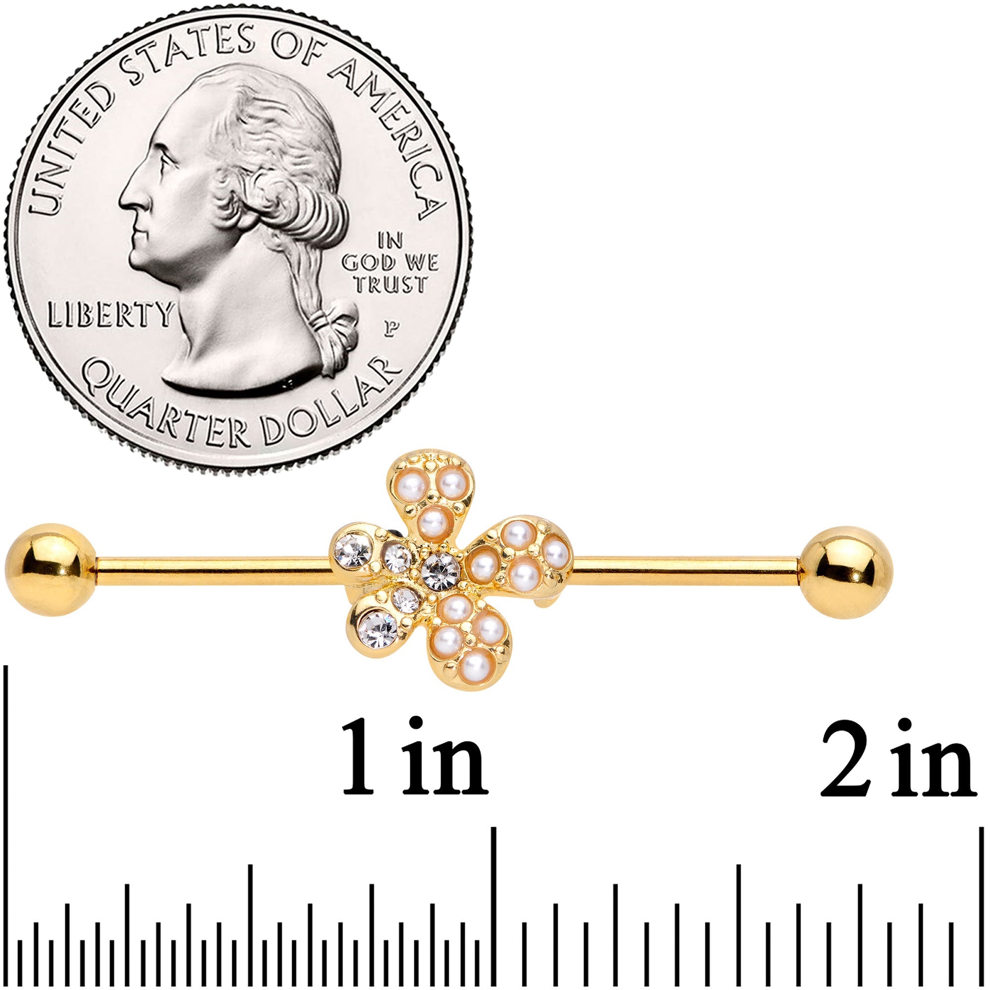 BodyCandy 14G Clear Gem Gold Tone Stylish Splat Industrial Barbell 38mm — detail close-up