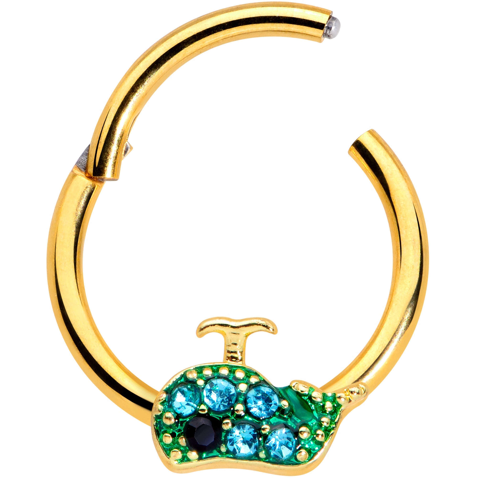 BodyCandy 16G 3/8 Aqua Gem Gold Tone Water Whale Hinged Segment Ring — detail close-up
