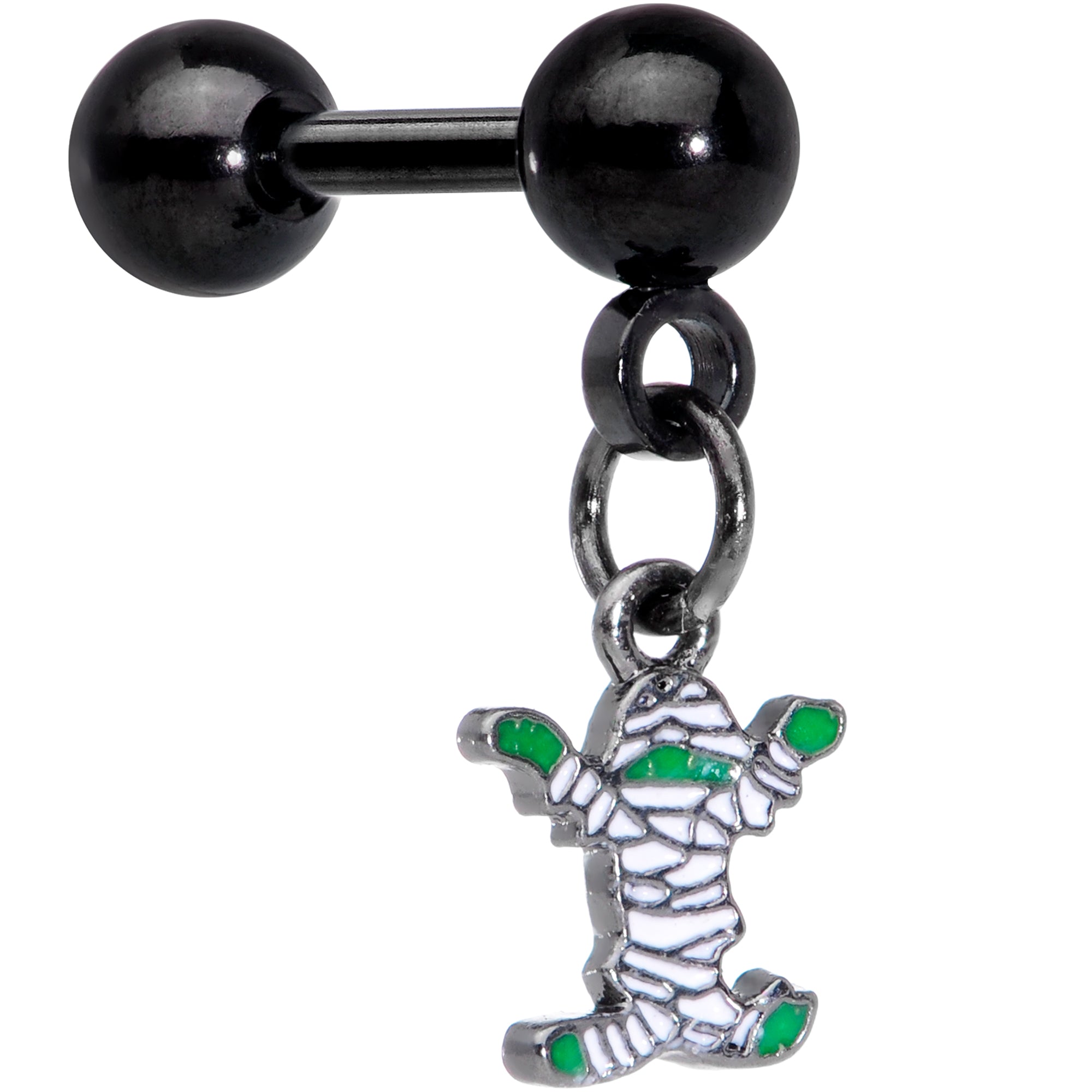 BodyCandy 16G 1/4 Black Green Mummy Halloween Dangle Cartilage Earring — detail close-up
