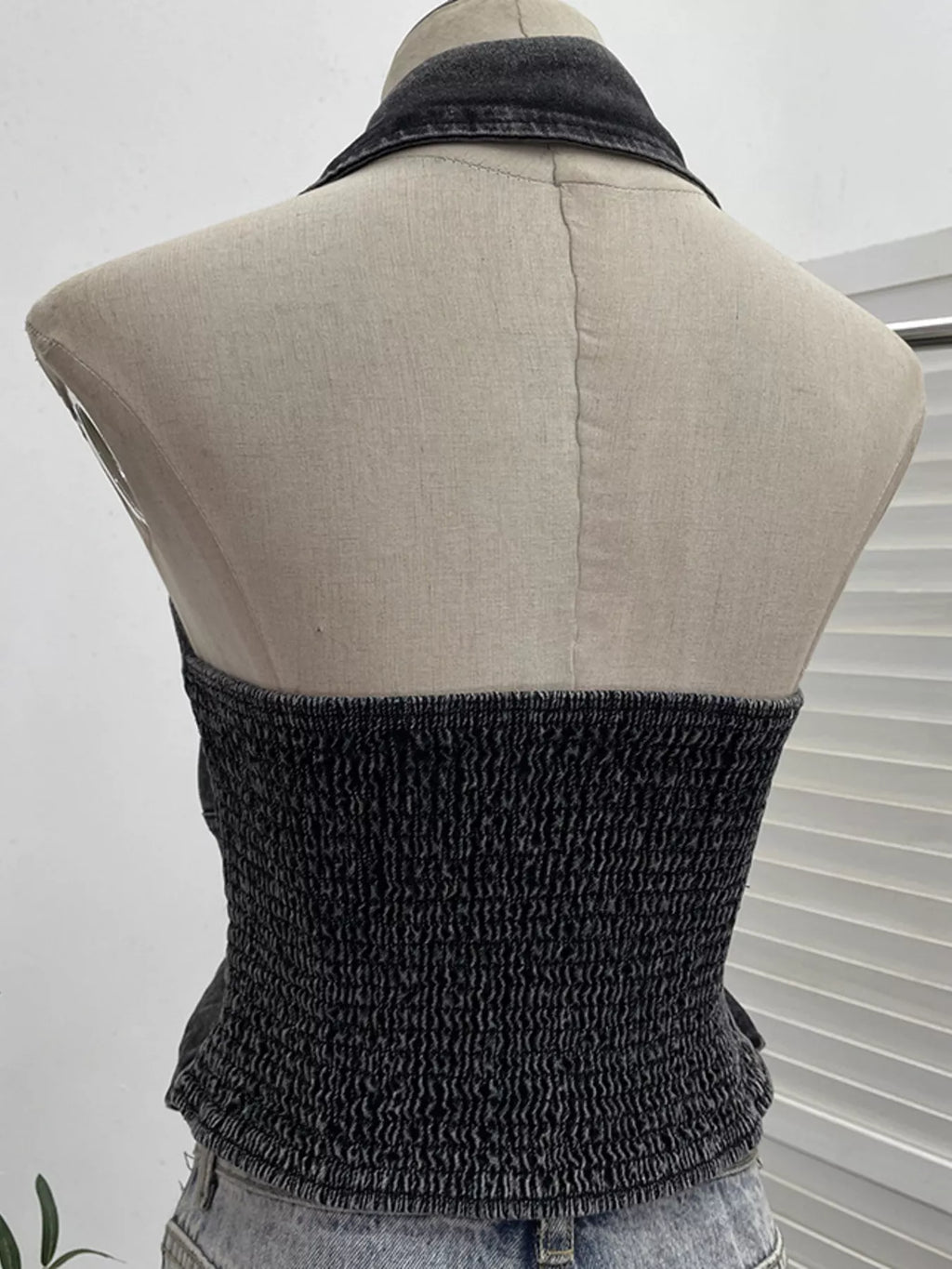Smocked Denim Halter Collar Top