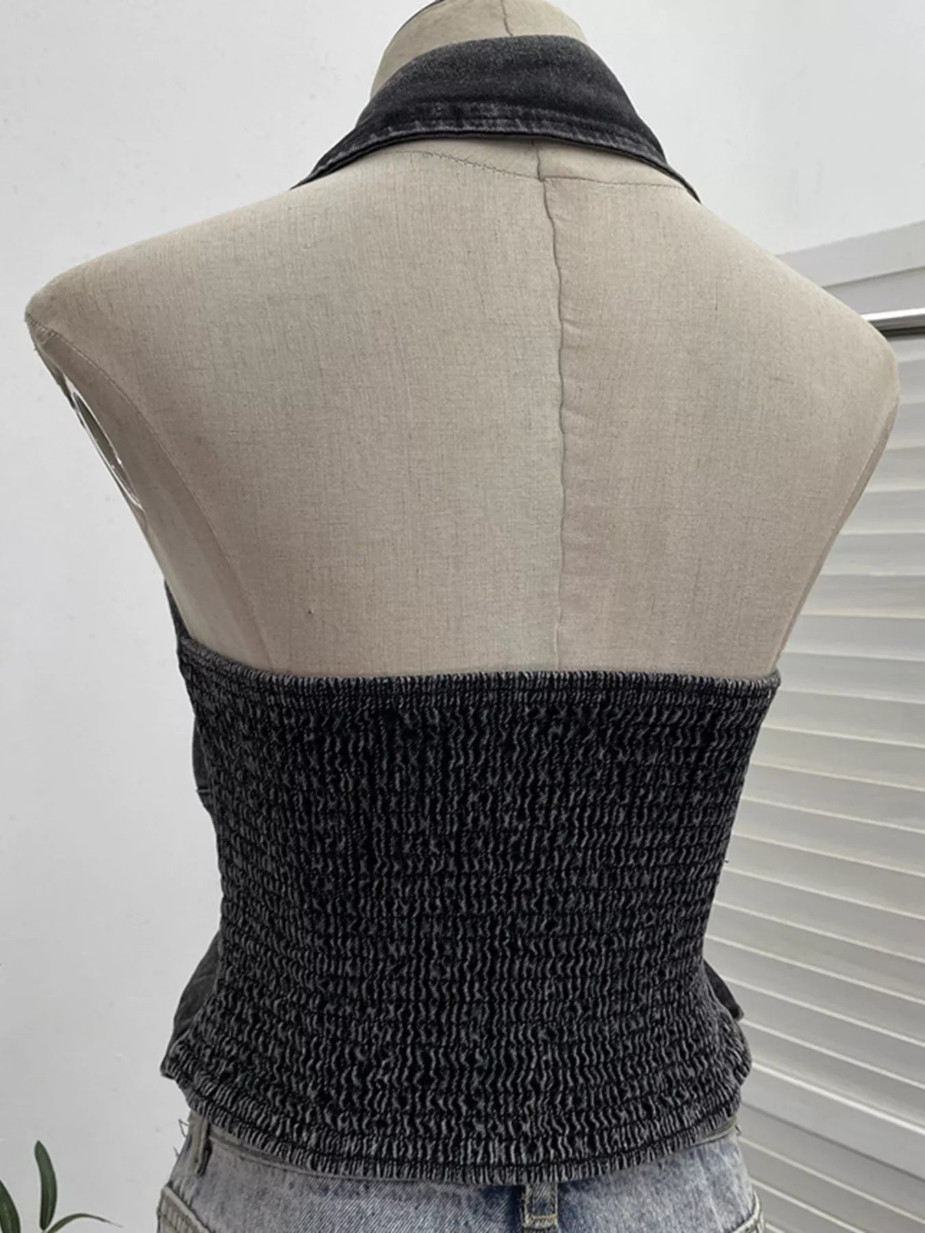 Smocked Denim Halter Collar Top