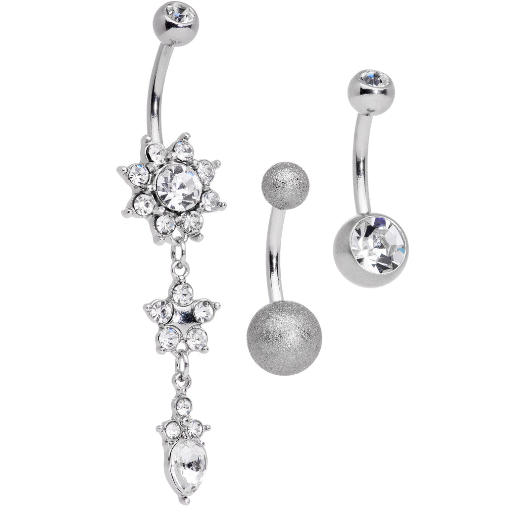 BodyCandy Clear Gem Flower Sandblasted Dangle Belly Ring Set of 3 — main product shot