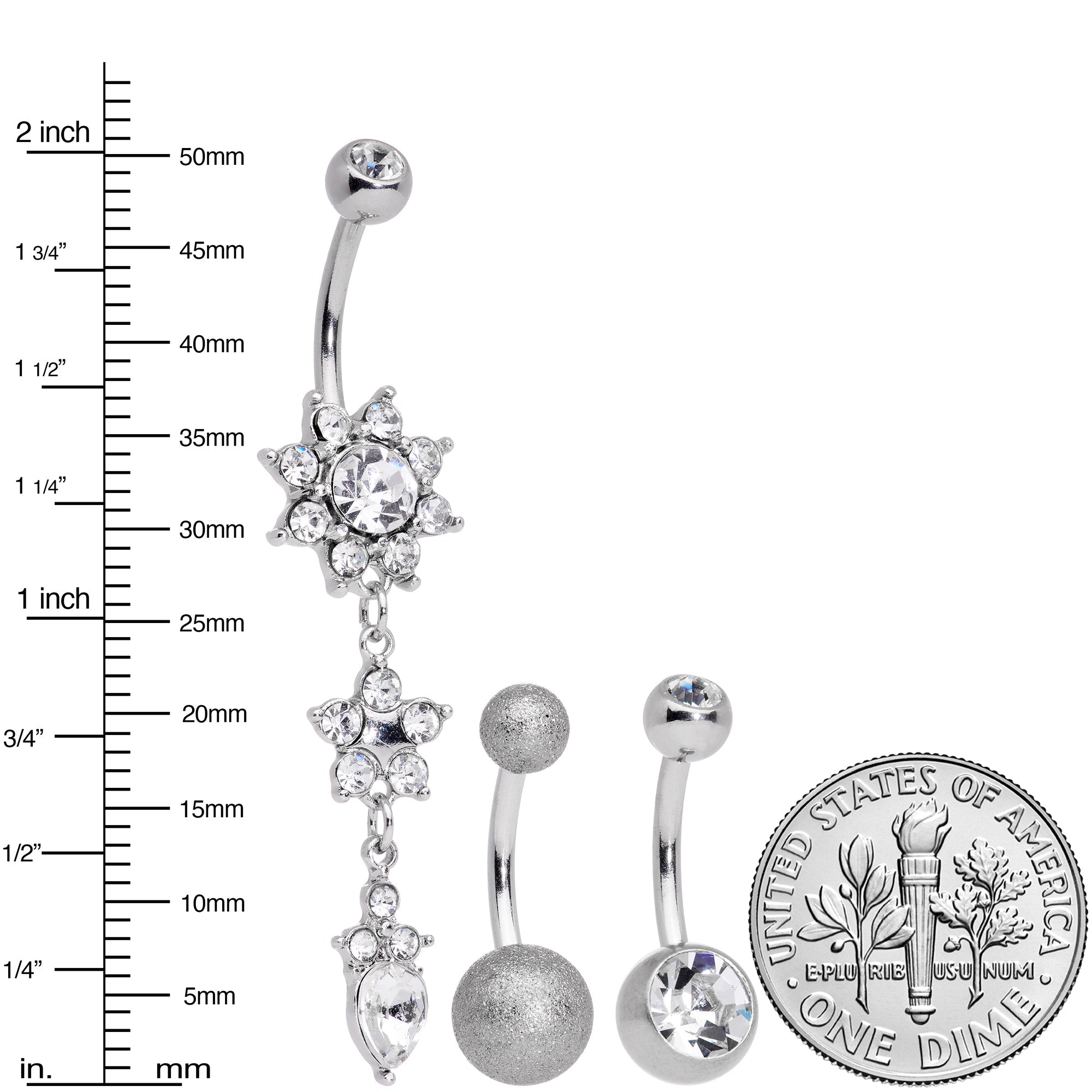 BodyCandy Clear Gem Flower Sandblasted Dangle Belly Ring Set of 3 — detail close-up