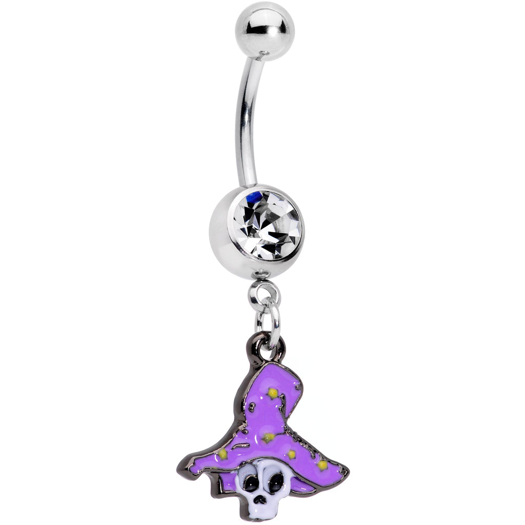 BodyCandy Clear Gem Skull Purple Witch Hat Halloween Dangle Belly Ring — main product shot