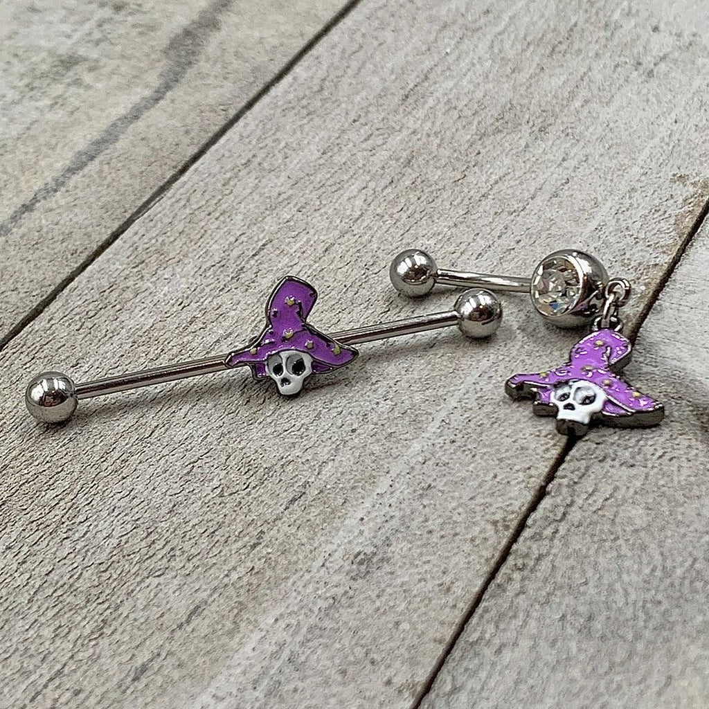 BodyCandy 14G Skull Purple Witch Hat Halloween Industrial Barbell 38mm — detail close-up