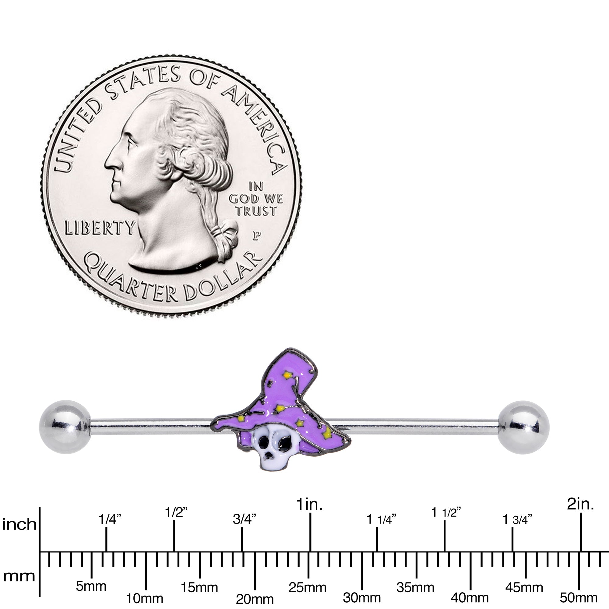 BodyCandy 14G Skull Purple Witch Hat Halloween Industrial Barbell 38mm — side view