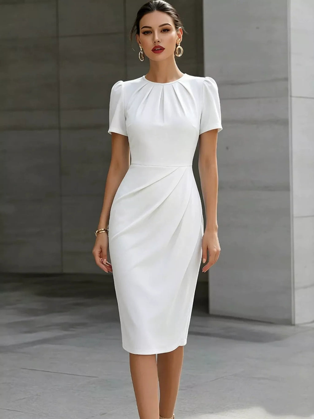 Ruched Short Sleeve Midi Dress