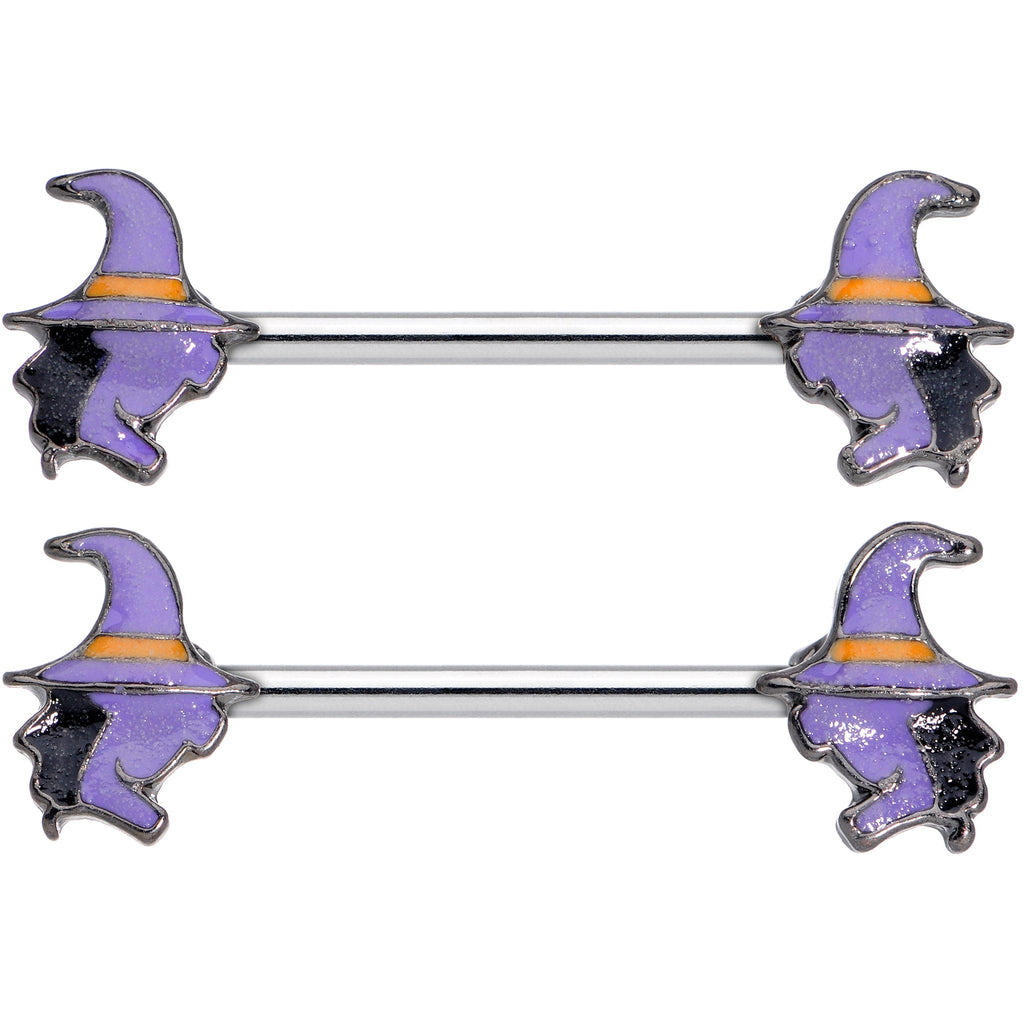 BodyCandy 14G 5/8 Purple Witch Halloween Barbell Nipple Ring Set — detail close-up