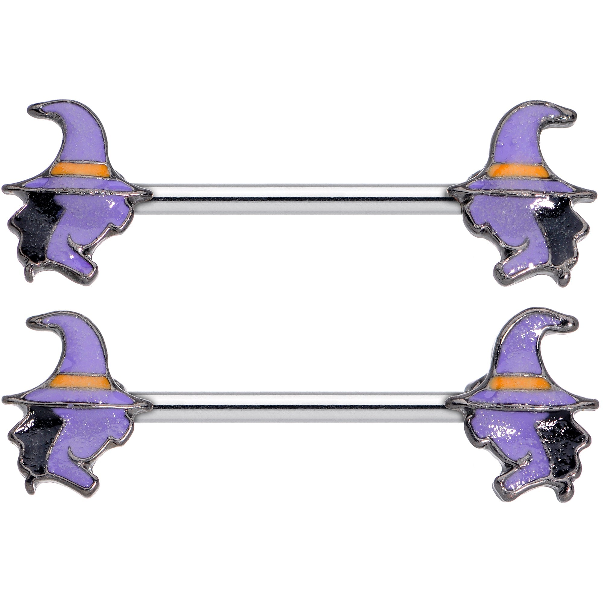 BodyCandy 14G 5/8 Purple Witch Halloween Barbell Nipple Ring Set — detail close-up