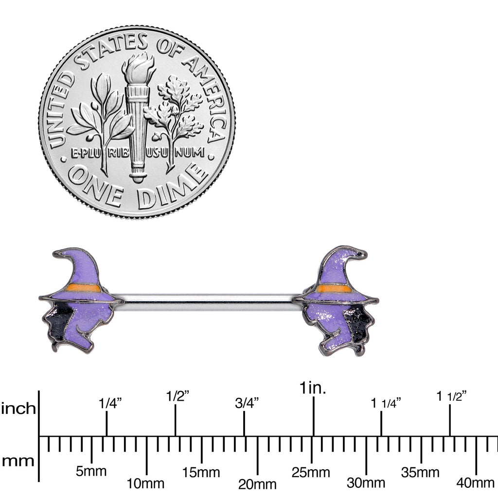BodyCandy 14G 5/8 Purple Witch Halloween Barbell Nipple Ring Set — side view