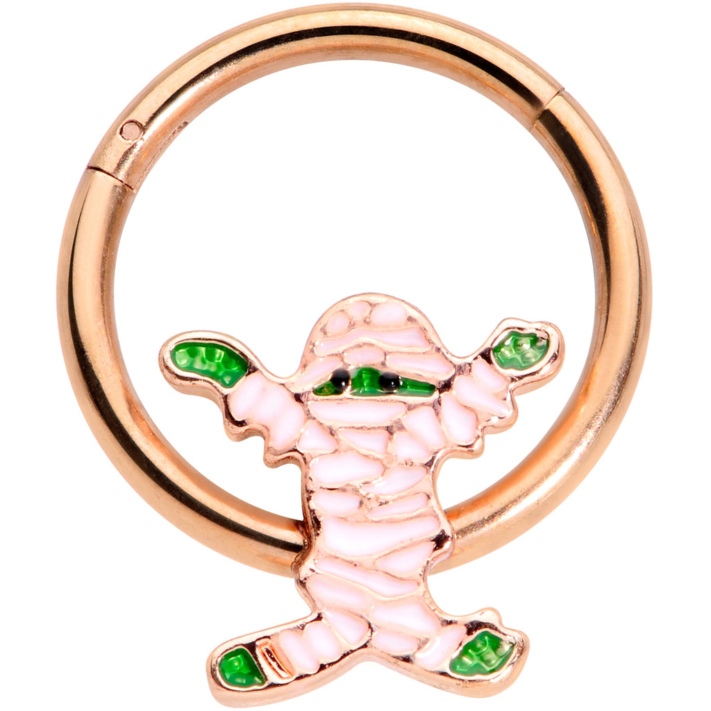 BodyCandy 16G 3/8 Rose Gold Tone Green Mummy Halloween Hinged Segment Ring — main product shot