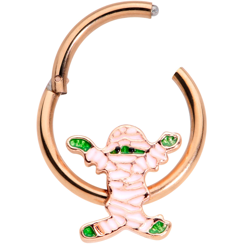 BodyCandy 16G 3/8 Rose Gold Tone Green Mummy Halloween Hinged Segment Ring — detail close-up