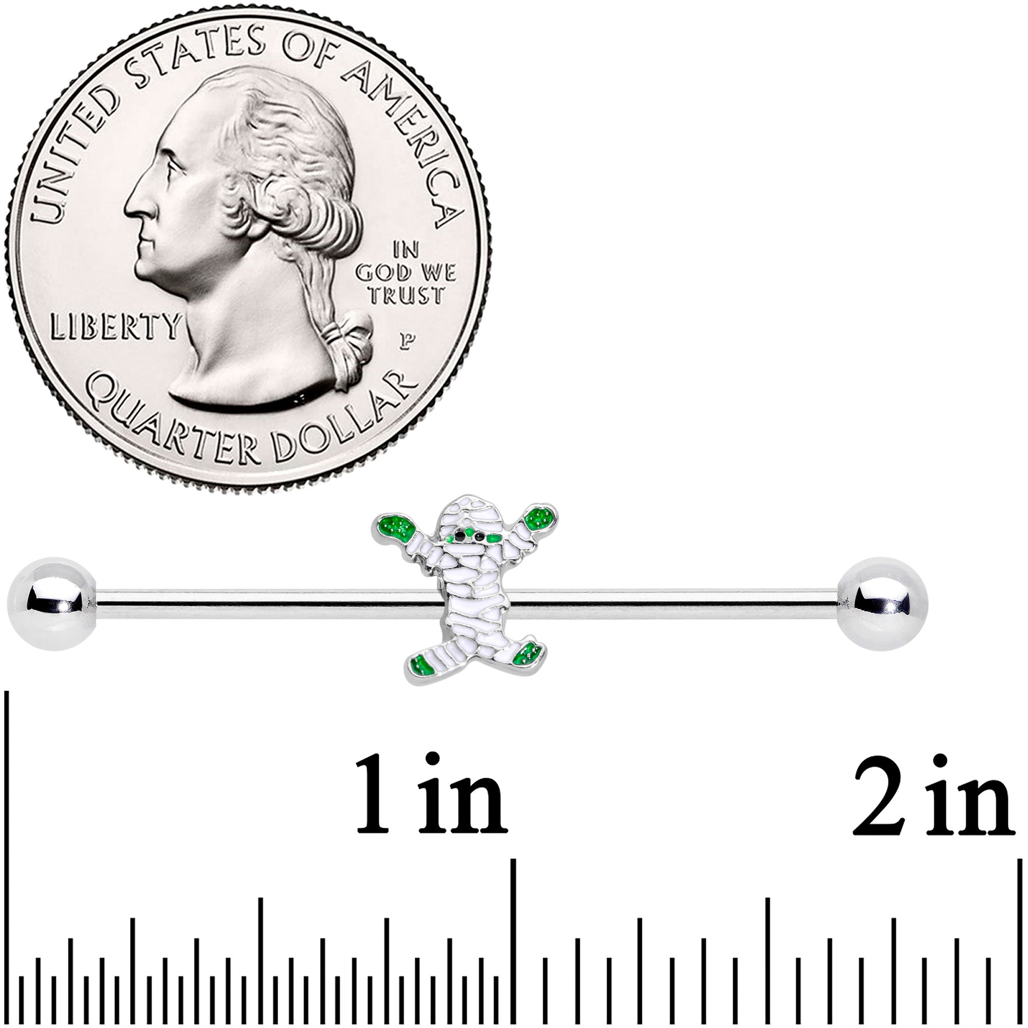 BodyCandy 14G Green Mummy Halloween Industrial Barbell 38mm — detail close-up