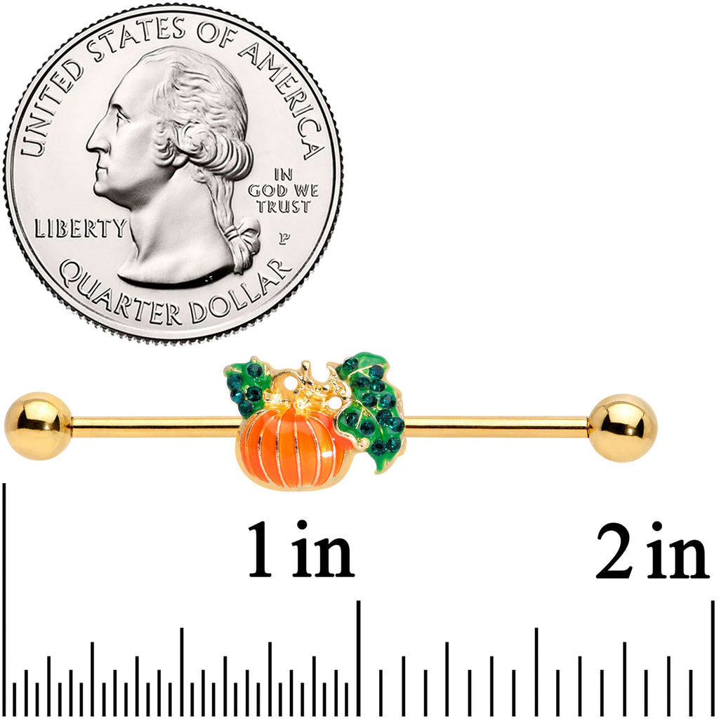 BodyCandy 14G Gold Tone Autumn Pumpkin Halloween Industrial Barbell 38mm — detail close-up