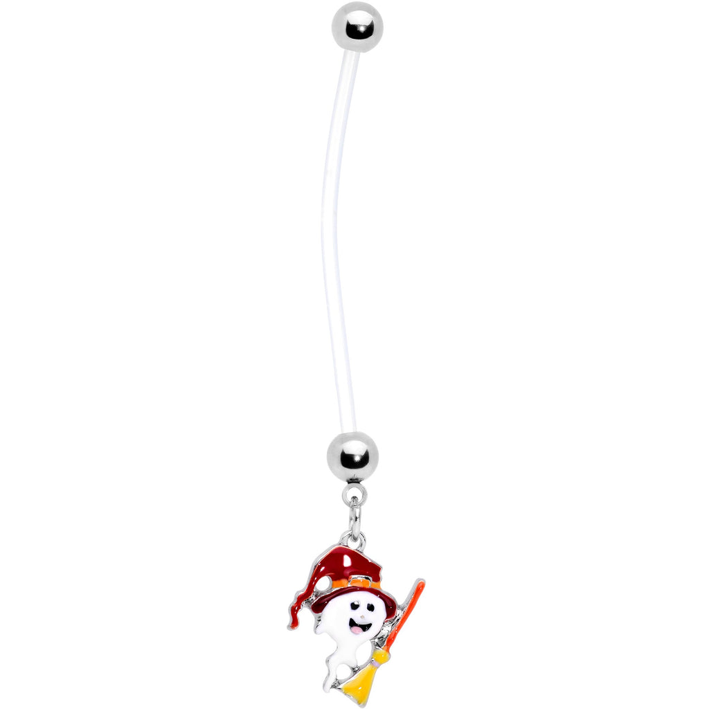 BodyCandy Clear Bioplast Ghost Witch on Broom Halloween Pregnancy Dangle Belly Ring — main product shot