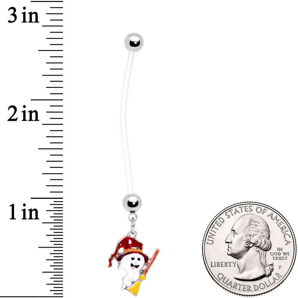 BodyCandy Clear Bioplast Ghost Witch on Broom Halloween Pregnancy Dangle Belly Ring — detail close-up