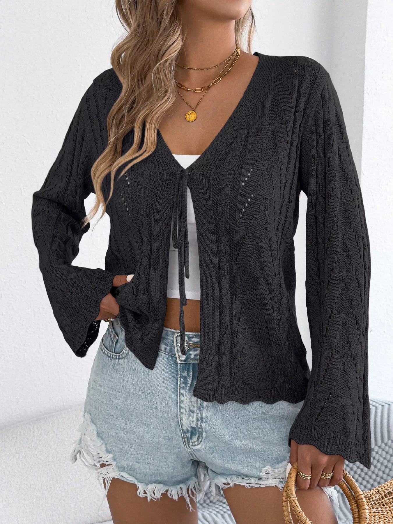 Openwork Tie-Front Knit Cardigan