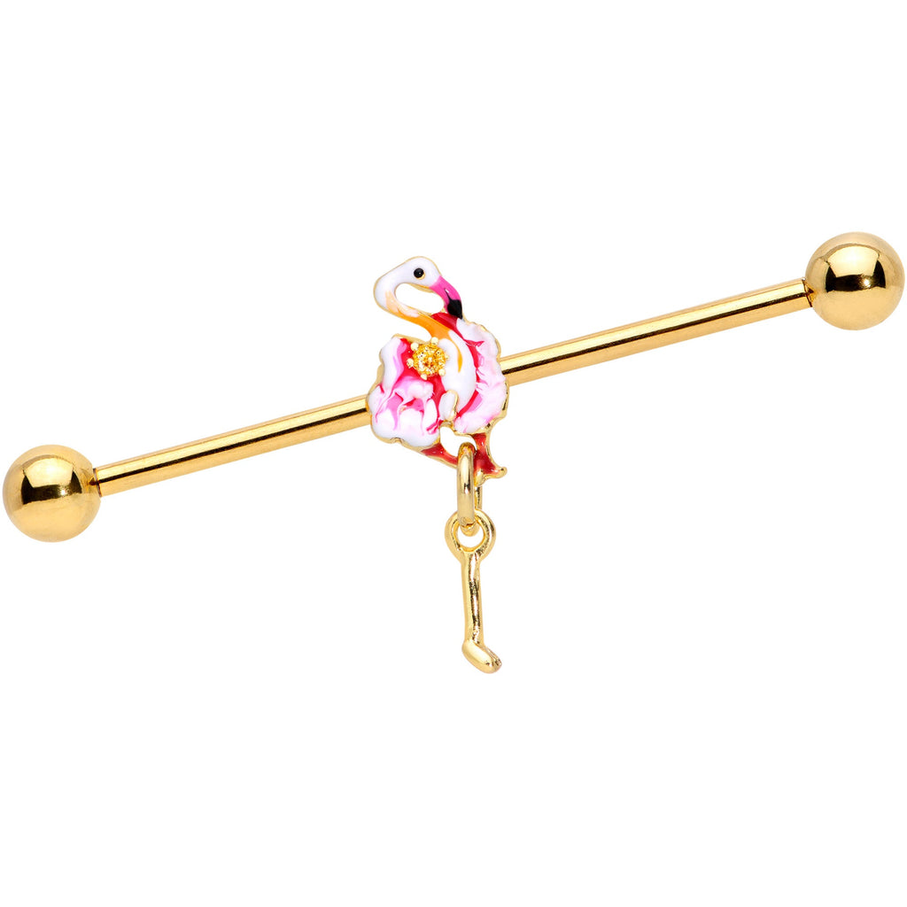 BodyCandy 14G Gold Tone Pink Flamingo Dangle Industrial Barbell 38mm — main product shot