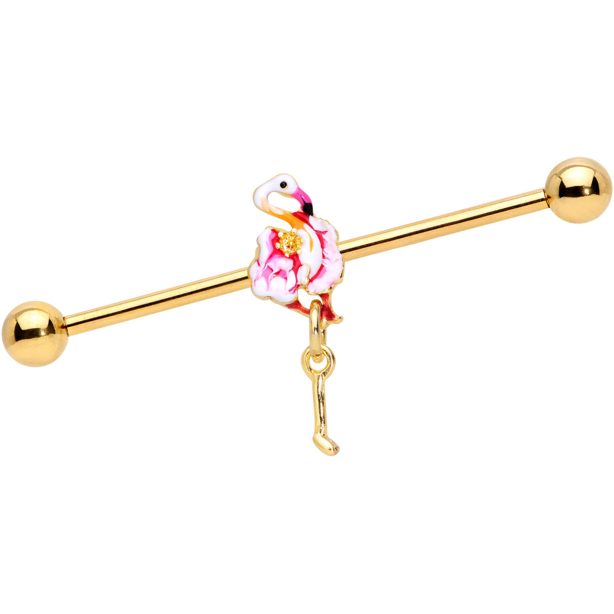 BodyCandy 14G Gold Tone Pink Flamingo Dangle Industrial Barbell 38mm — main product shot