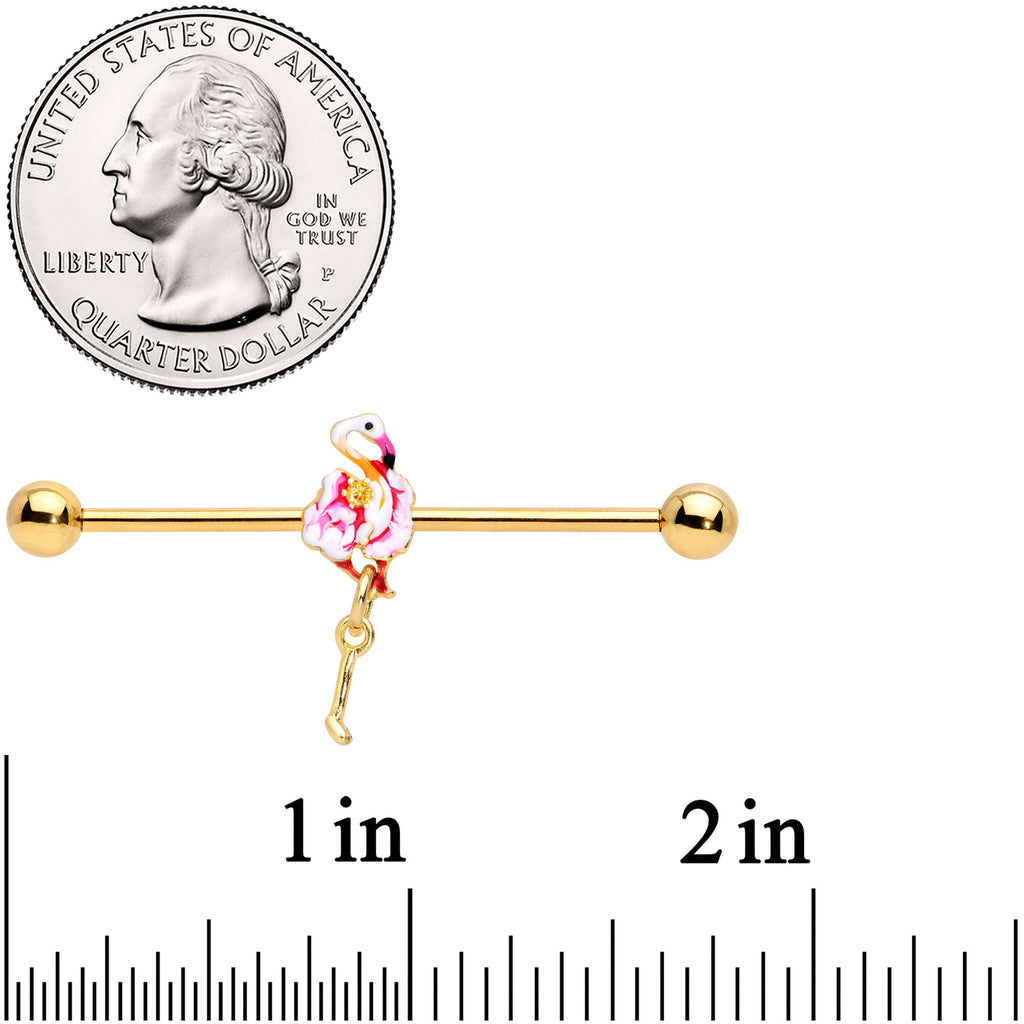 BodyCandy 14G Gold Tone Pink Flamingo Dangle Industrial Barbell 38mm — detail close-up