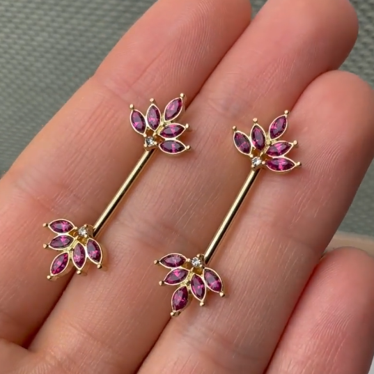 BodyCandy 14G 9/16 Red Gem Gold Tone Autumn Leaves Nipple Ring Set — detail close-up